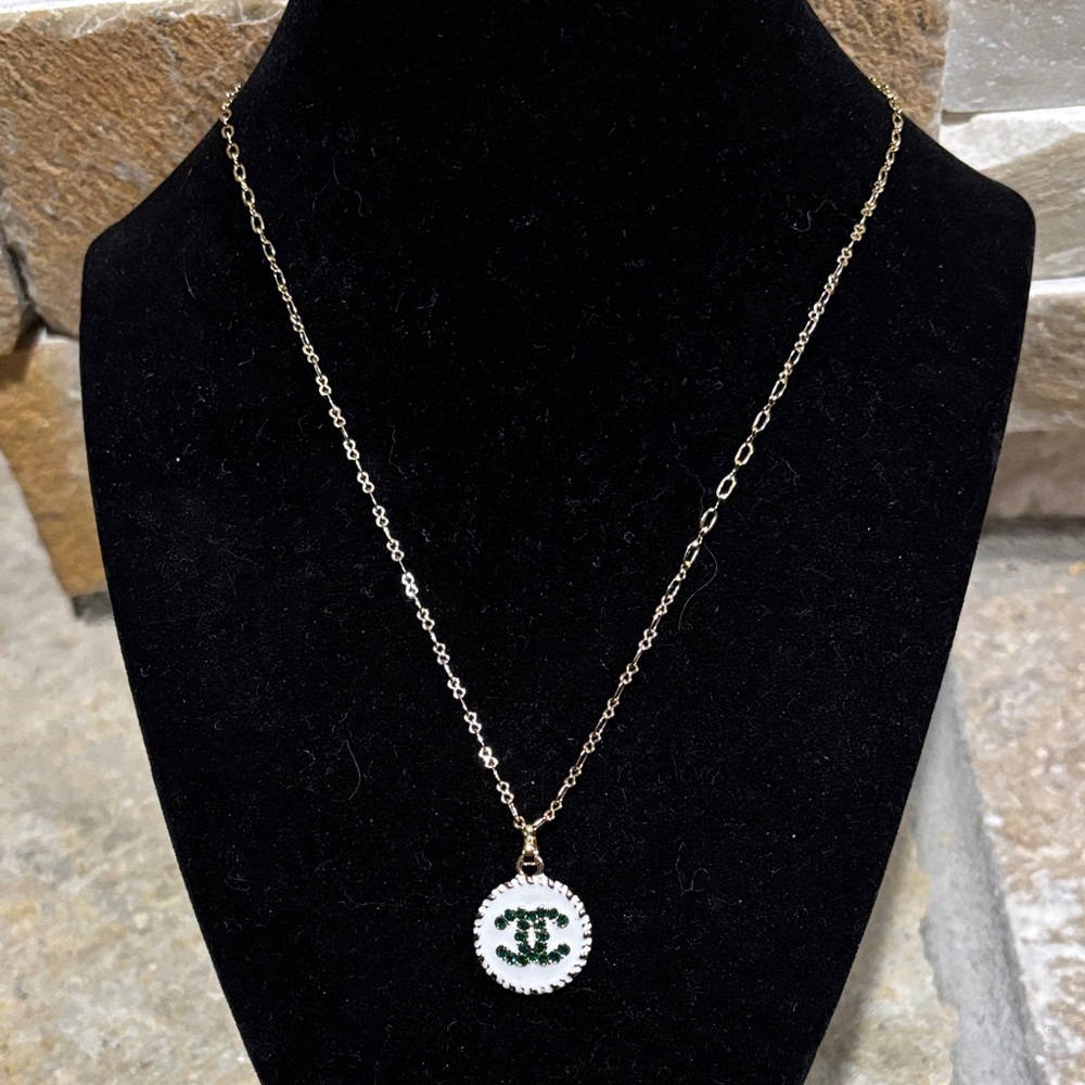 Elegant Gold and Green Crystal CC Pendant Necklace